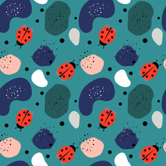 Seamless pattern of abstract modern background. Ladybug, various shapes of shapes, dots, black circles and lines are drawn. Suitable for printing on a card, postcard, invitation, flyer. 