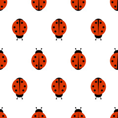 Simple insect seamless pattern made of ladybugs. Red beetle with black dots, circles. vector illustration isolated on white background