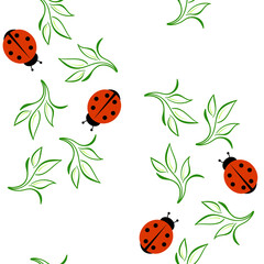 Simple seamless pattern of ladybugs and green leaves of the plant. Red beetle with black dots, circles. vector illustration isolated on white background