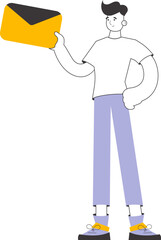 A man holds an envelope or a letter in his hands. Linear trendy style. Isolated on white background. Vector.