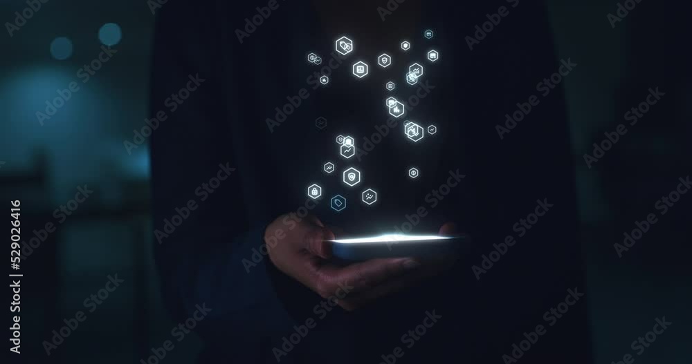 Poster futuristic phone hologram for networking communication, web and internet app with ai icons. man with