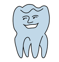 Root tooth cartoon character with problem and solution. Dental care for healthy teeth. Medical professional check up and treatment. Hand drawn illustration. Comic personage with emotions style drawing