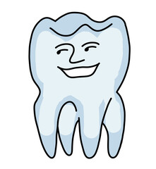 Root tooth cartoon character with problem and solution. Dental care for healthy teeth. Medical professional check up and treatment. Hand drawn illustration. Comic personage with emotions style drawing