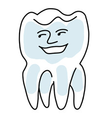 Root tooth cartoon character with problem and solution. Dental care for healthy teeth. Medical professional check up and treatment. Hand drawn illustration. Comic personage with emotions style drawing