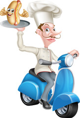 Cartoon Chef on Scooter Moped Delivering Hotdog