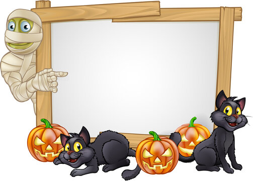 halloween mummy, cats, pumpkins, wooden frame clip art preview