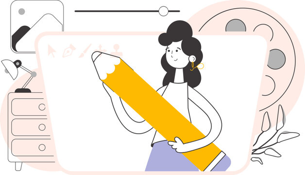 The girl is holding a pencil in her hands. Line art style. Vector illustration.