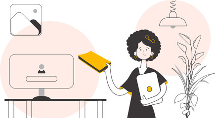 The girl is holding a book and a laptop in her hands. Line art style. Vector.