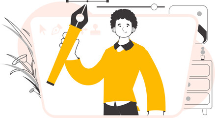The designer guy holds a pen tool for 2D graphics in his hand. Line art style. Vector.