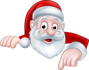 Peeking Cartoon Santa Pointing Down - obrazy, fototapety, plakaty