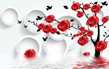 tree with red flowers on background wave wallpaper 3d