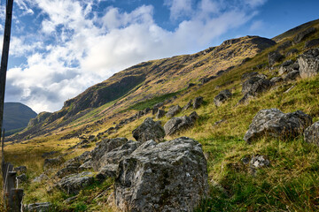 Fototapeta na wymiar Big rocks on a slope of a Scottish mountain in Glen Doll