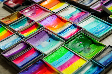 palette with paints for acting makeup. cosmetics for actors.
