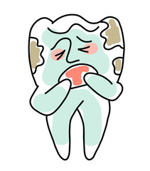 Root tooth cartoon character with problem and solution. Dental care for healthy teeth. Medical professional check up and treatment. Hand drawn illustration. Comic personage with emotions style drawing