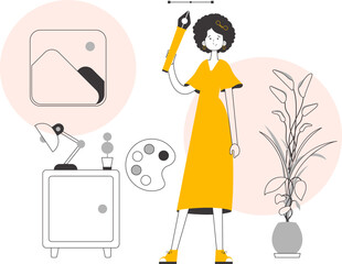 Fototapeta premium The girl designer holds a pen tool for 2D graphics in her hand. Lines modern style. Vector illustration.