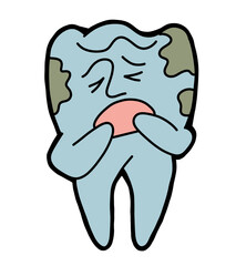 Root tooth cartoon character with problem and solution. Dental care for healthy teeth. Medical professional check up and treatment. Hand drawn illustration. Comic personage with emotions style drawing