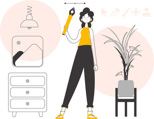 The girl designer holds a pen tool for 2D graphics in her hand. Linear trendy style. Vector.