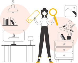 The girl is holding a magnifying glass in her hands. Search concept. Lines modern style. Vector.