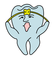 Root tooth cartoon character with problem and solution. Dental care for healthy teeth. Medical professional check up and treatment. Hand drawn illustration. Comic personage with emotions style drawing