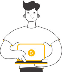 The guy is holding a laptop and pressing play. Line art style. Vector illustration.