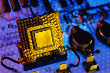 Close-up of a computer chip on a circuit board