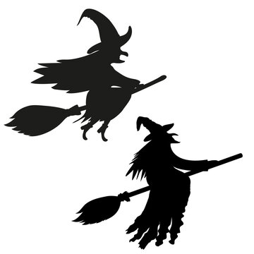 Two silhouettes of a witch on a broomstick.