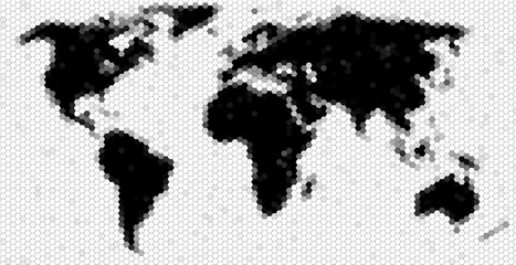 Honeycomb style Pixelated World Map. Good for 3D Texture, Bump or Displacement map. Can be used as background for presentation, print, web, etc. Grey Scale.
