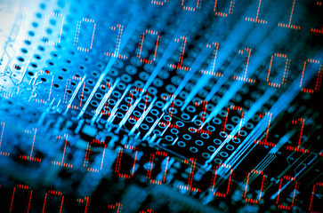 Binary code superimposed over a circuit board
