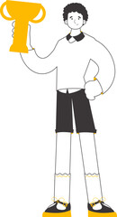 The guy is holding a cup. Line art style. Isolated on white background. Vector.