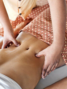 Woman Receiving Marma Point Therapy.  Koh Samui, Thailand.