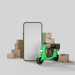 Fast postal delivery. Courier delivery of goods. A green scooter next to a phone and boxes. 3d rendering.