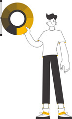 The designer guy holds a color wheel in his hands. Linear trendy style. Isolated on white background. Vector.