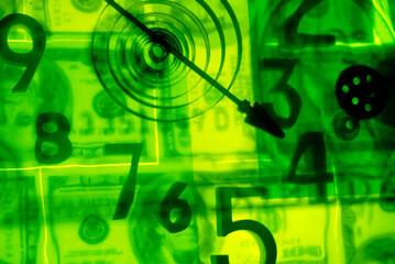 Numbers with an arrow on a coiled spring superimposed over money