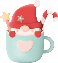 Cute Christmas Gnome in Mug 3D Icon Graphic Illustration on Transparent Background