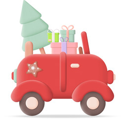 Red Christmas Car with Gifts and Tree 3D Icon Graphic Illustration on Transparent Background