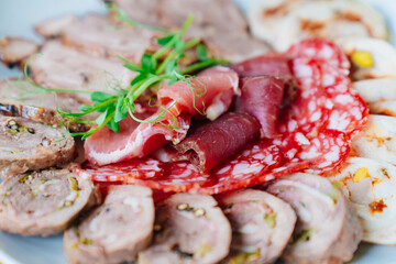 meat delicacies on a plate decorated with micro greens. 