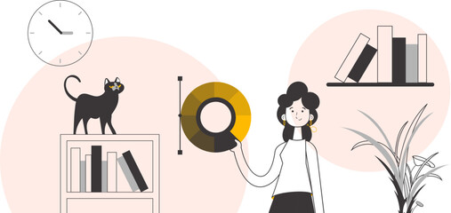 Girl designer holds a color wheel in her hands. Lines modern style. Vector.