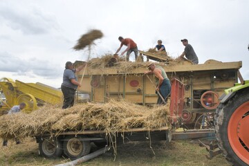 Des agriculteurs qui font la moisson avec une moissonneuse ancienne