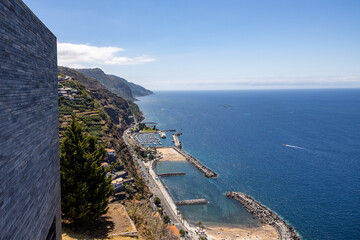 Top view Calheta beach and promenade on the island of Madeira