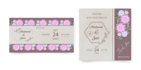 wedding invitation card template, with flower and leaf decoration, minimalist style, brown background