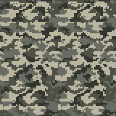 
Pixel gray camouflage background, military texture, seamless pattern for textiles.