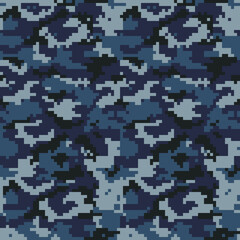 Blue pixel camouflage background, military disguise texture, digital template.