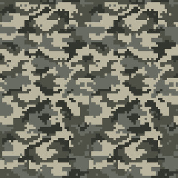 
Pixel gray camouflage background, military texture, seamless pattern for textiles.
