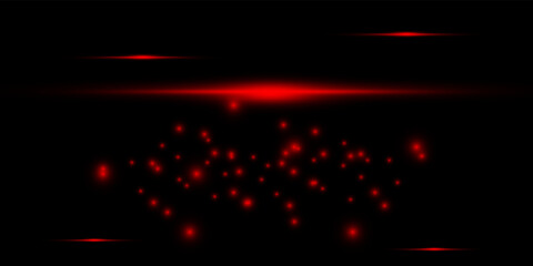 Naklejka na ściany i meble Red neon glowing beam of light exploded, star, explosion with dust and sparkles on a transparent background.
