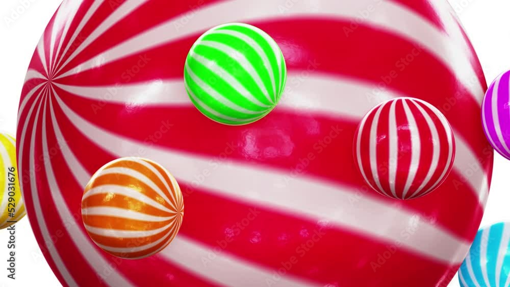 Poster realistic satisfying looping 3d animation of the red and white striped candy sphere with orbital rol