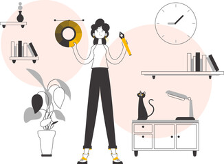 Girl designer holds a color wheel in her hands. Line art style. Vector.