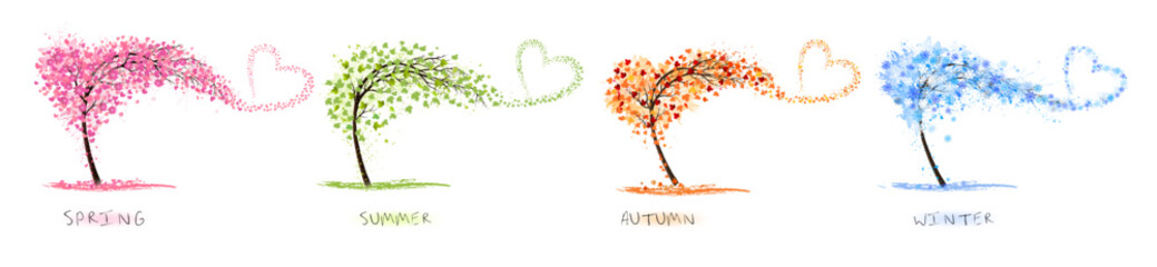 Abstract four stylized trees with colorful leaves, snowflakes, hearts and heart shaped flowers representing different seasons: spring, summer, autumn, winter. Vector. - 529032000