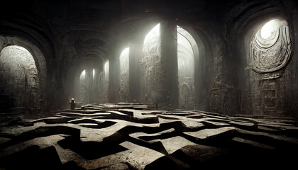 Ancient Stone Labyrinth. Dark Fantasy Maze, generative AI