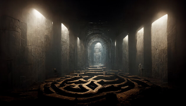 Ancient Stone Labyrinth. Dark Fantasy Maze