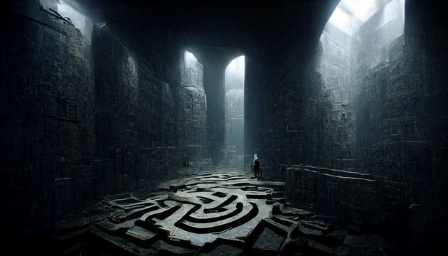 Ancient Stone Labyrinth. Dark Fantasy Maze, generative AI	